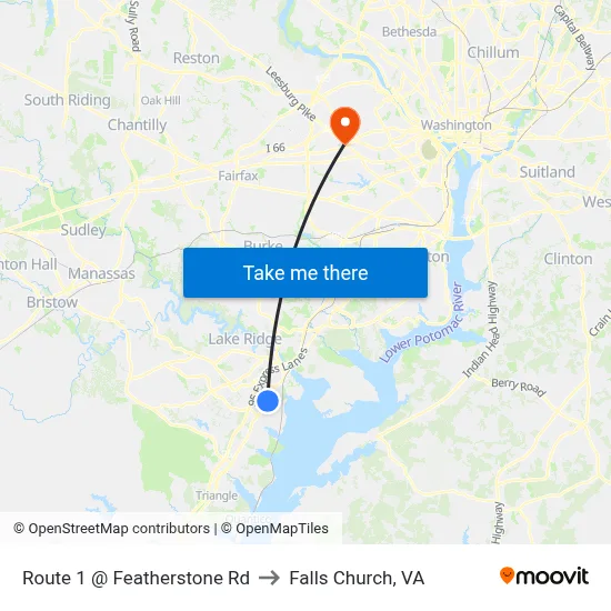 Route 1 @ Featherstone Rd to Falls Church, VA map