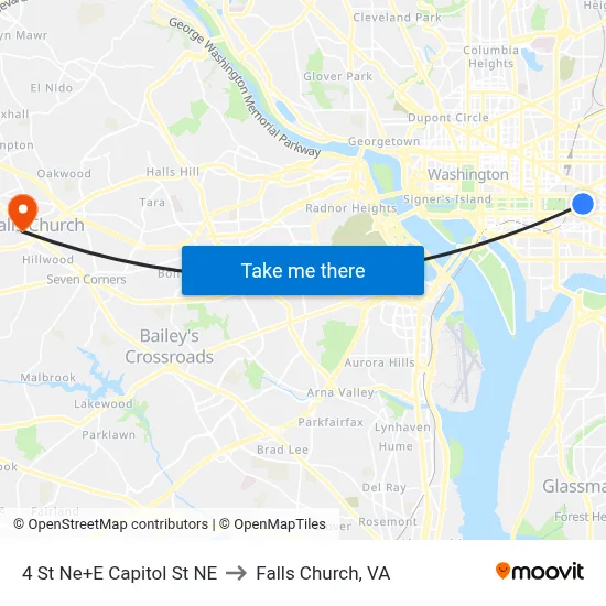 4 St Ne+E Capitol St NE to Falls Church, VA map