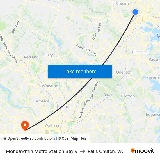 Mondawmin Metro Station Bay 9 to Falls Church, VA map