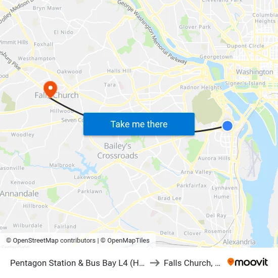Pentagon Station & Bus Bay L4 (Hov) to Falls Church, VA map