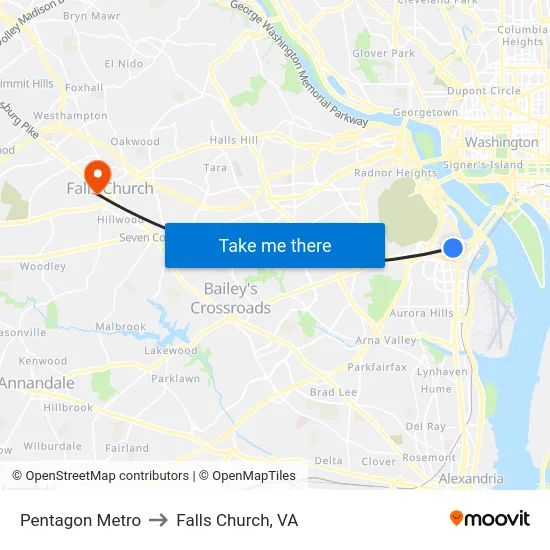 Pentagon Metro to Falls Church, VA map