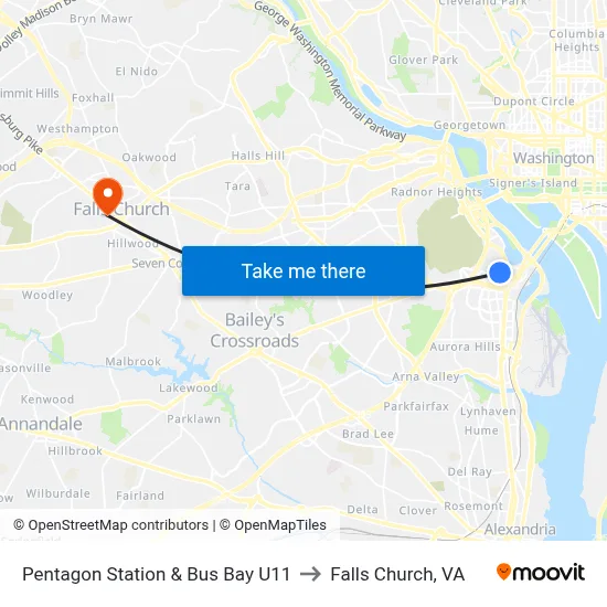 Pentagon Station & Bus Bay U11 to Falls Church, VA map