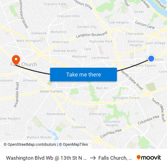 Washington Blvd Wb @ 13th St N Ns to Falls Church, VA map