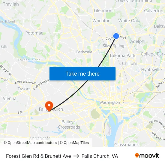 Forest Glen Rd & Brunett Ave to Falls Church, VA map