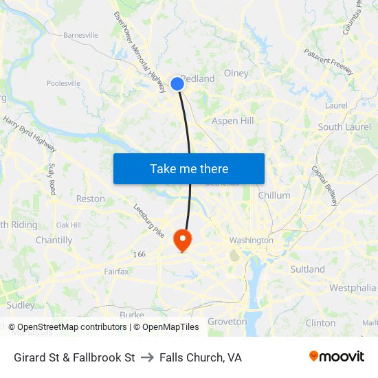 Girard St & Fallbrook St to Falls Church, VA map