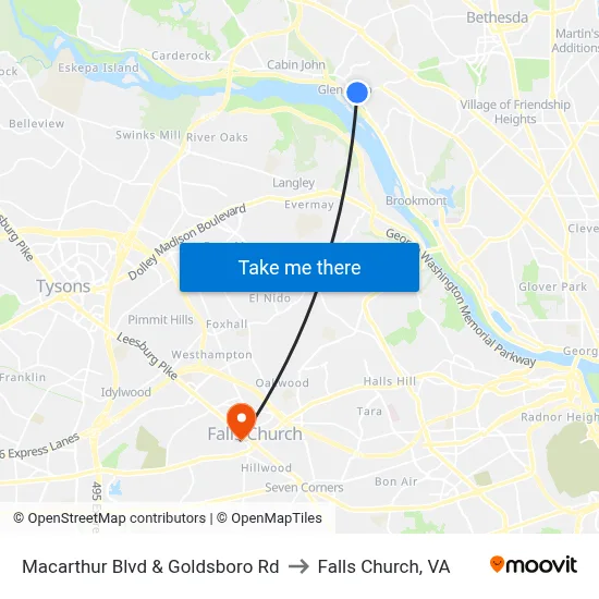 Macarthur Blvd & Goldsboro Rd to Falls Church, VA map