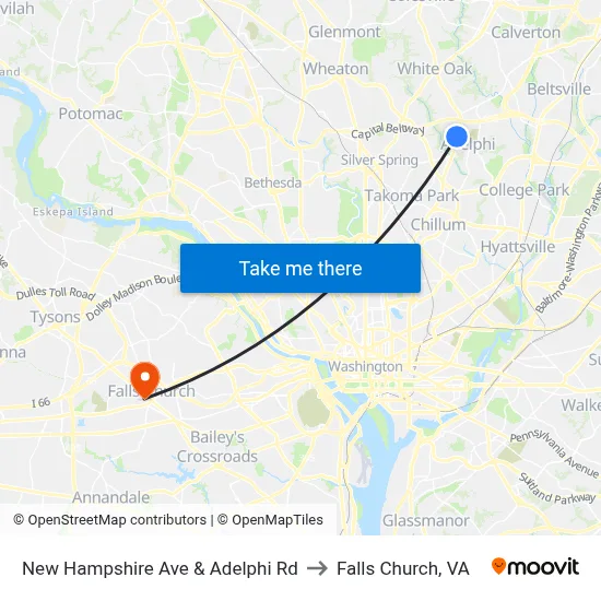 New Hampshire Ave & Adelphi Rd to Falls Church, VA map