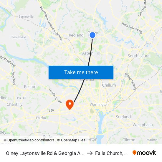 Olney Laytonsville Rd & Georgia Ave to Falls Church, VA map