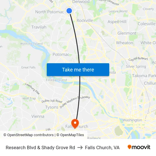 Research Blvd & Shady Grove Rd to Falls Church, VA map