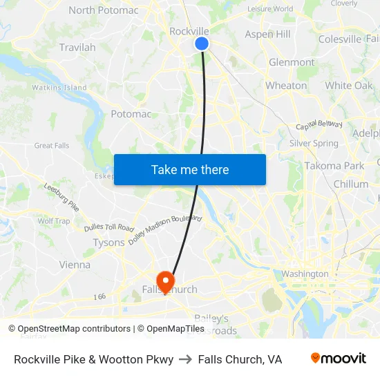 Rockville Pike & Wootton Pkwy to Falls Church, VA map