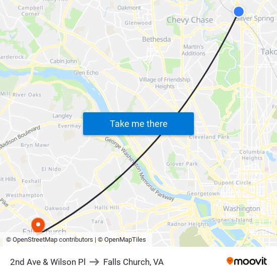 2nd Ave & Wilson Pl to Falls Church, VA map