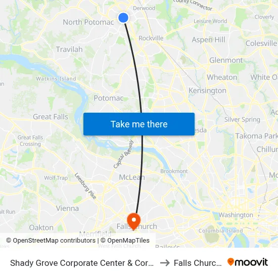 Shady Grove Corporate Center & Corporate Blvd to Falls Church, VA map