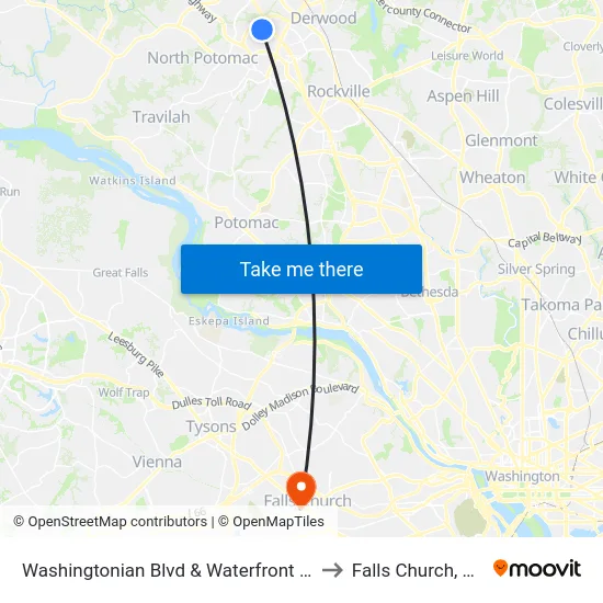 Washingtonian Blvd & Waterfront Pl to Falls Church, VA map