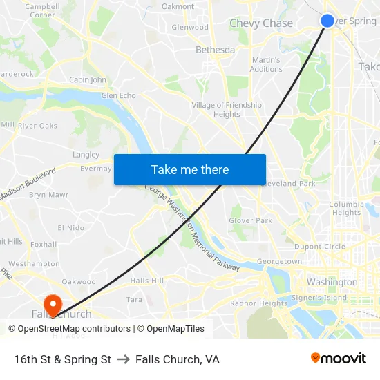 16th St & Spring St to Falls Church, VA map