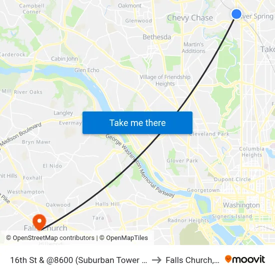 16th St & @8600 (Suburban Tower Apts) to Falls Church, VA map