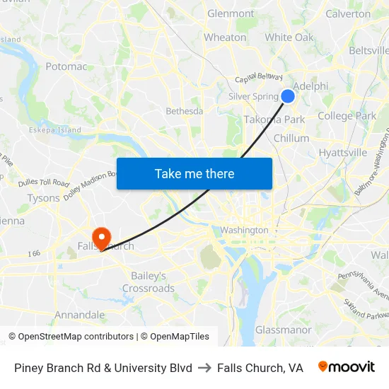 Piney Branch Rd & University Blvd to Falls Church, VA map