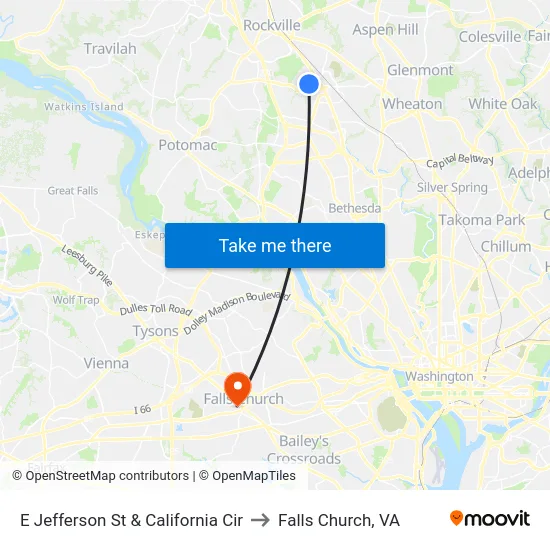 E Jefferson St & California Cir to Falls Church, VA map