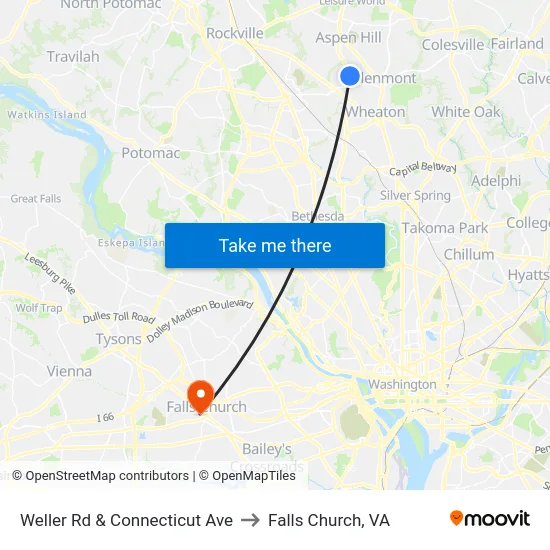 Weller Rd & Connecticut Ave to Falls Church, VA map