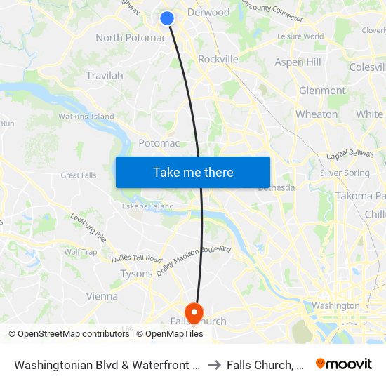 Washingtonian Blvd & Waterfront Pl to Falls Church, VA map