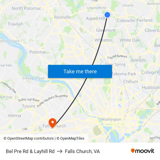 Bel Pre Rd & Layhill Rd to Falls Church, VA map