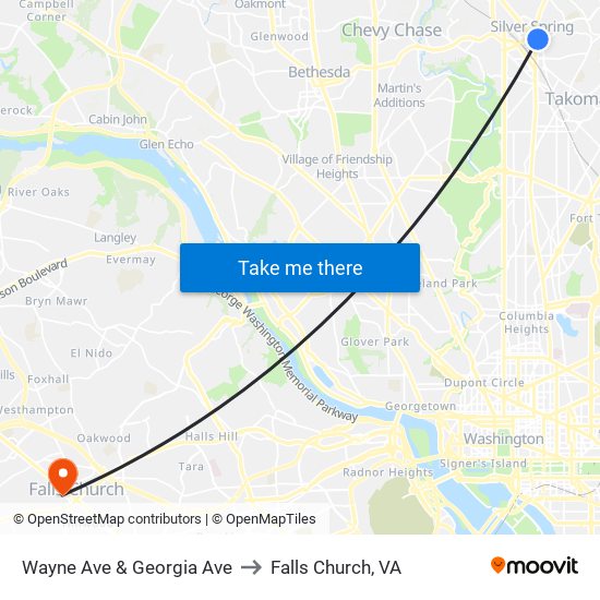 Wayne Ave & Georgia Ave to Falls Church, VA map