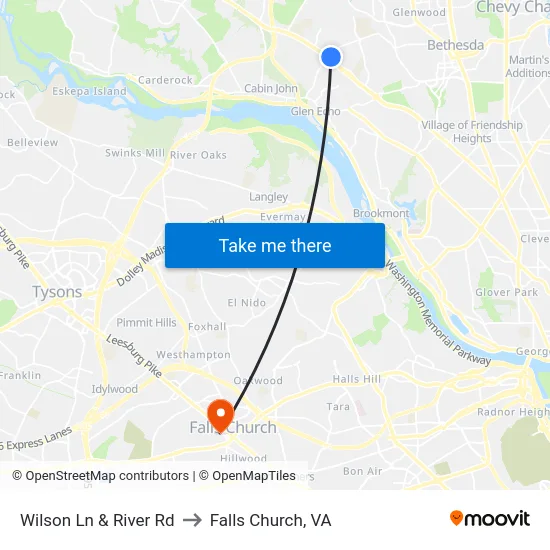 Wilson Ln & River Rd to Falls Church, VA map