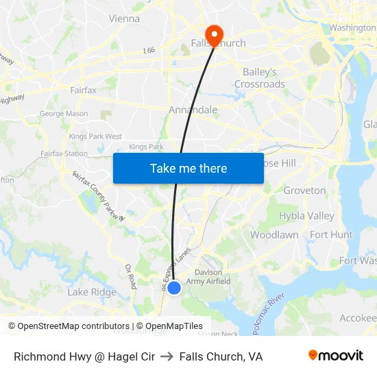 Richmond Hwy @ Hagel Cir to Falls Church, VA map
