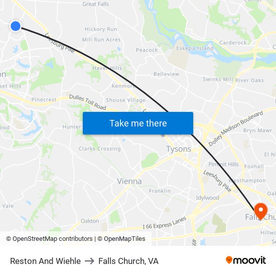 Reston And Wiehle to Falls Church, VA map