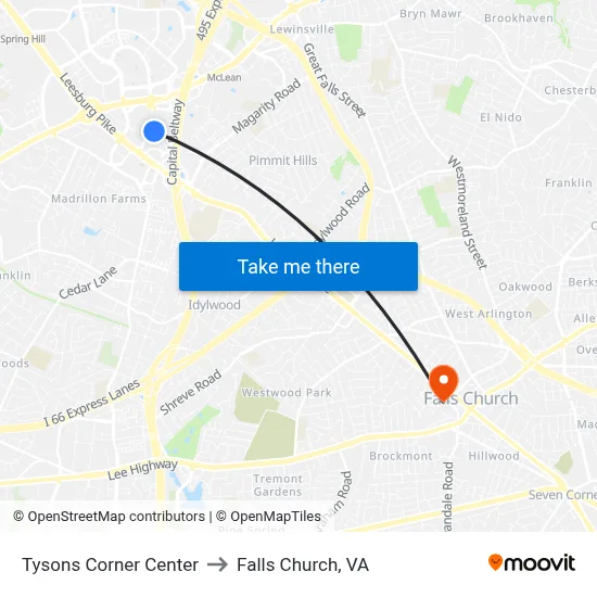 Tysons Corner Center to Falls Church, VA map