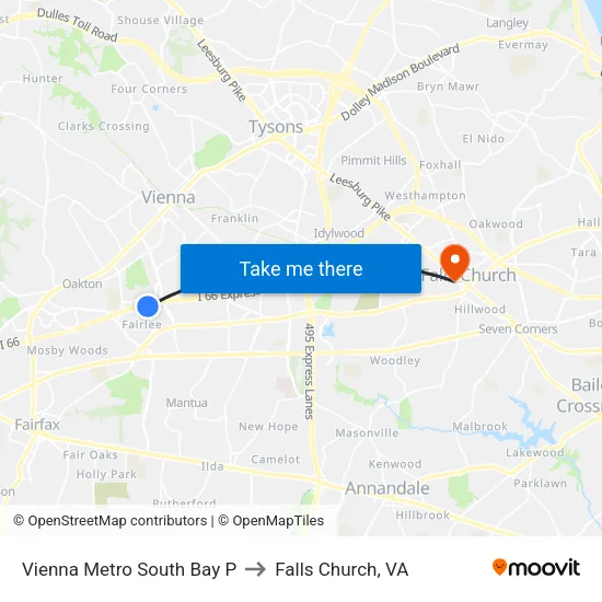 Vienna Metro South Bay P to Falls Church, VA map