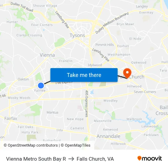 Vienna Metro South Bay R to Falls Church, VA map