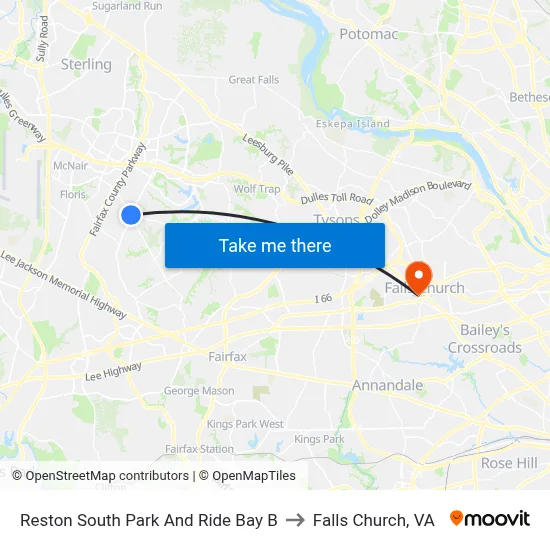 Reston South Park And Ride Bay B to Falls Church, VA map