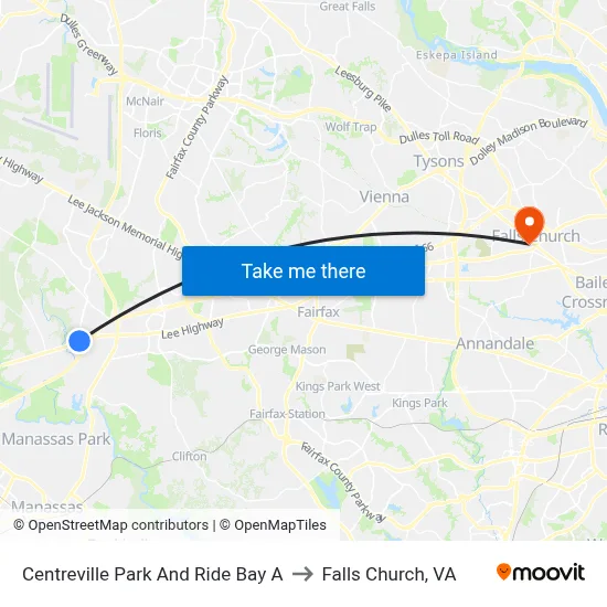 Centreville Park And Ride Bay A to Falls Church, VA map