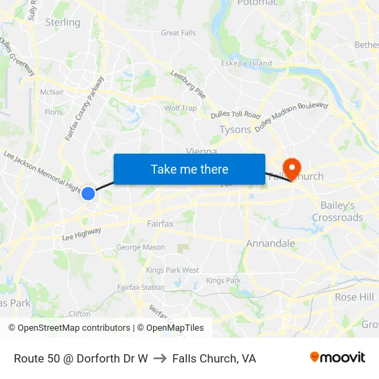 Route 50 @ Dorforth Dr W to Falls Church, VA map