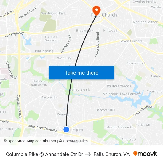 Columbia Pike @ Annandale Ctr Dr to Falls Church, VA map