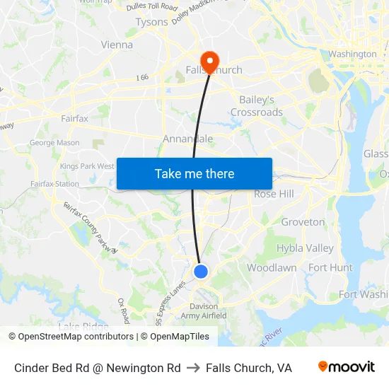 Cinder Bed Rd @ Newington Rd to Falls Church, VA map