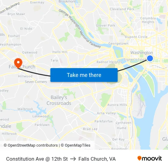 Constitution Ave @ 12th St to Falls Church, VA map