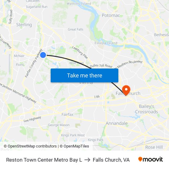 Reston Town Center Metro Bay L to Falls Church, VA map