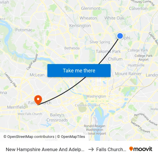 New Hampshire Avenue And Adelphi Road to Falls Church, VA map