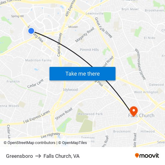 Greensboro to Falls Church, VA map