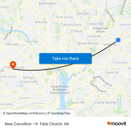 New Carrollton to Falls Church, VA map