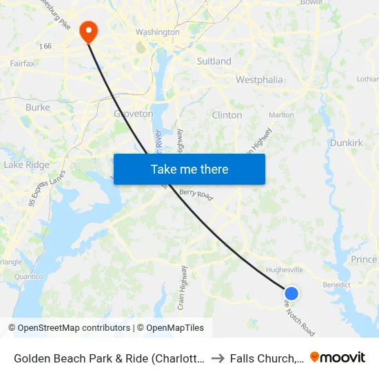 Golden Beach Park & Ride (Charlotte Hall) to Falls Church, VA map