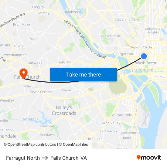 Farragut North to Falls Church, VA map