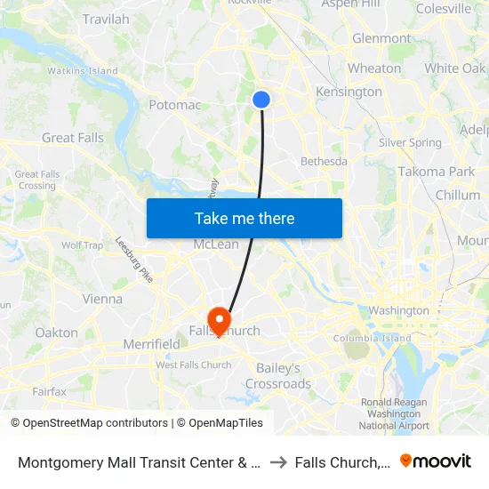 Montgomery Mall Transit Center & Bay A to Falls Church, VA map