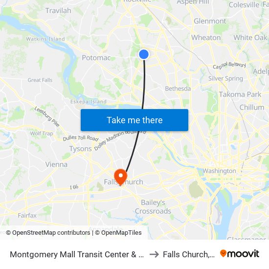 Montgomery Mall Transit Center & Bay B to Falls Church, VA map