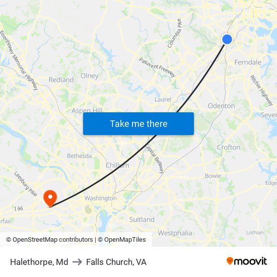 Halethorpe, Md to Falls Church, VA map