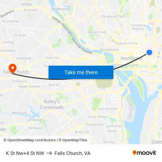 K St Nw+4 St NW to Falls Church, VA map