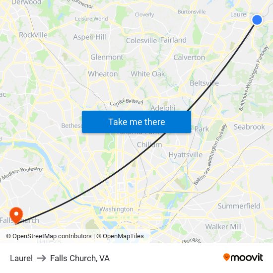 Laurel to Falls Church, VA map