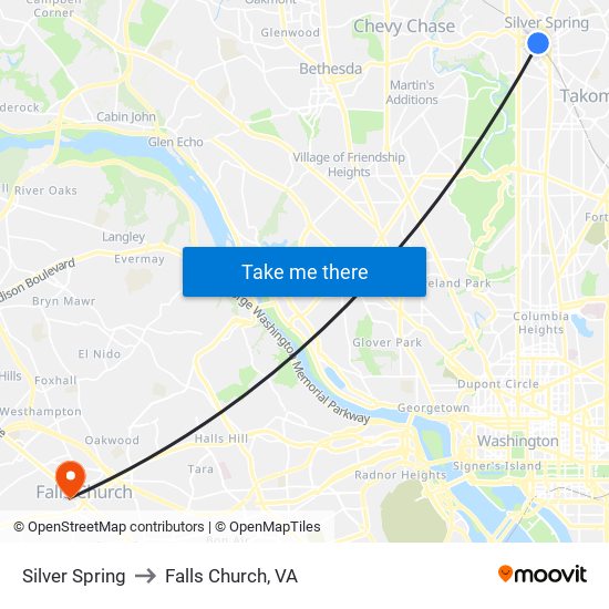 Silver Spring to Falls Church, VA map