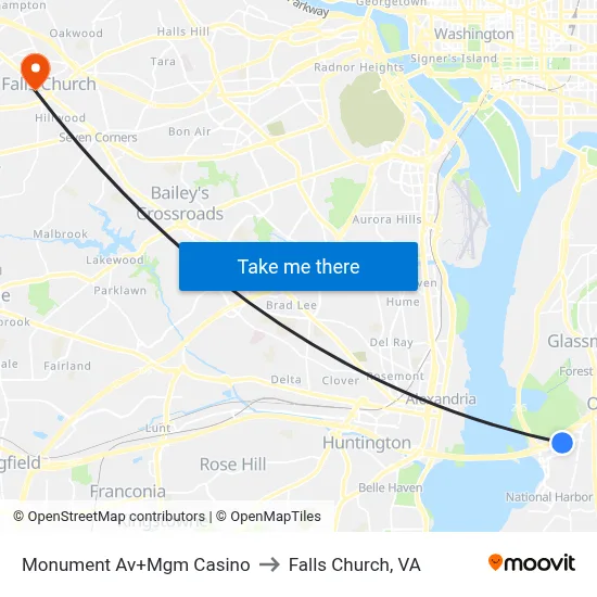 Monument Av+Mgm Casino to Falls Church, VA map